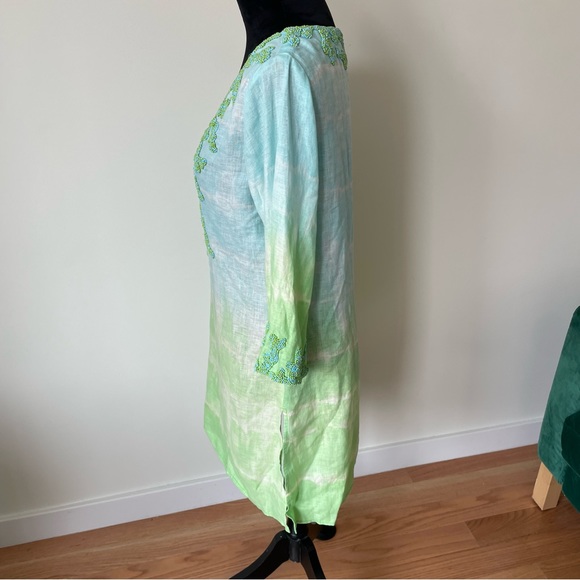 Tashia London Blue Green Ombre Tie Dye Beaded Linen Tunic Top Size Small - Picture 2 of 8